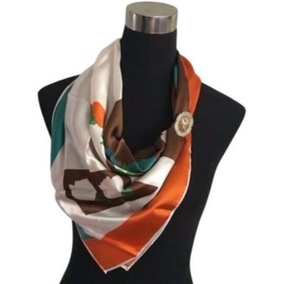 St Germain Silk Scarf  Floral Print Tulips Brown Orange Green White Square 28" - Picture 1 of 8